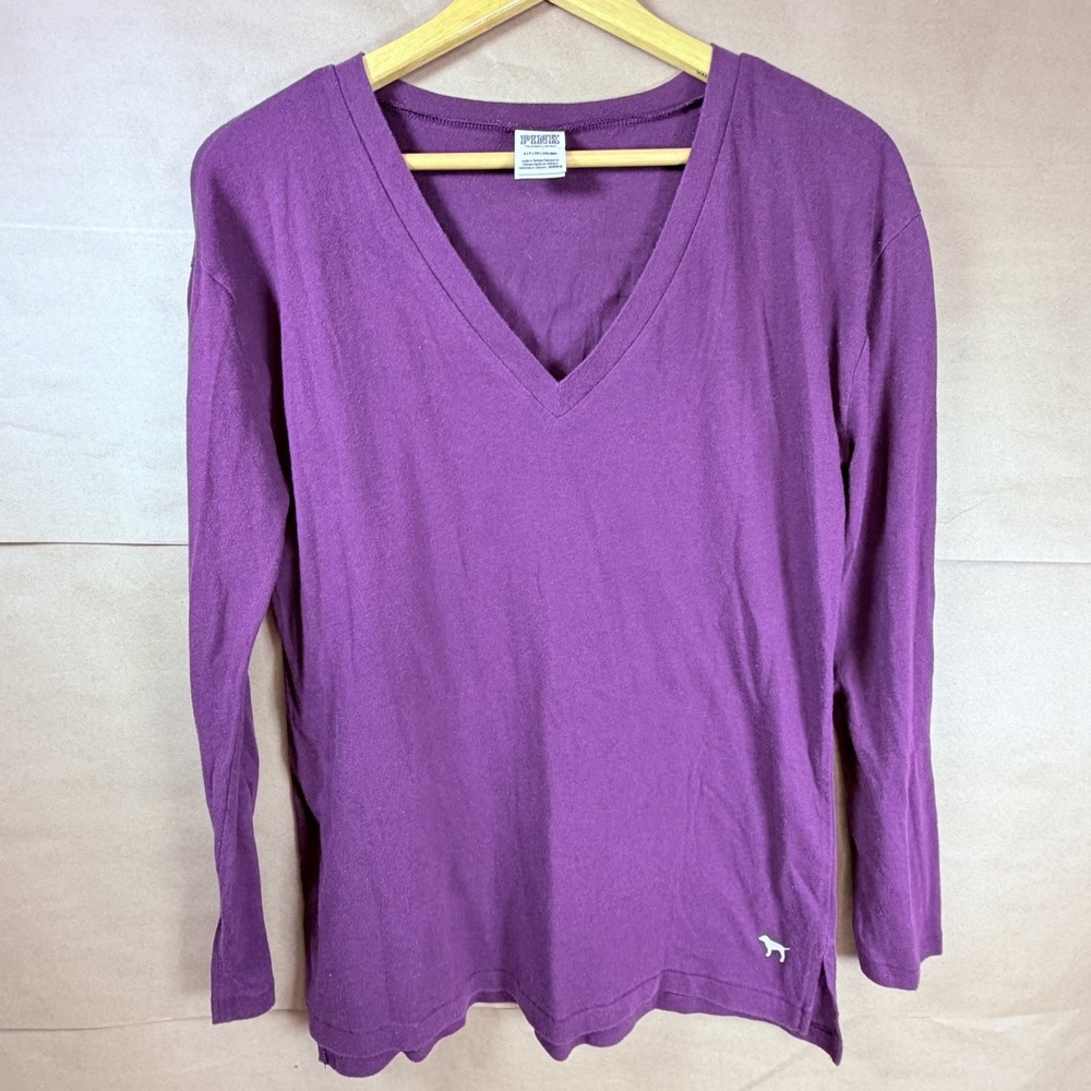 Victoria's Secret PINK Womens S Purple Long Sleeve V Neck Shirt Dog Logo